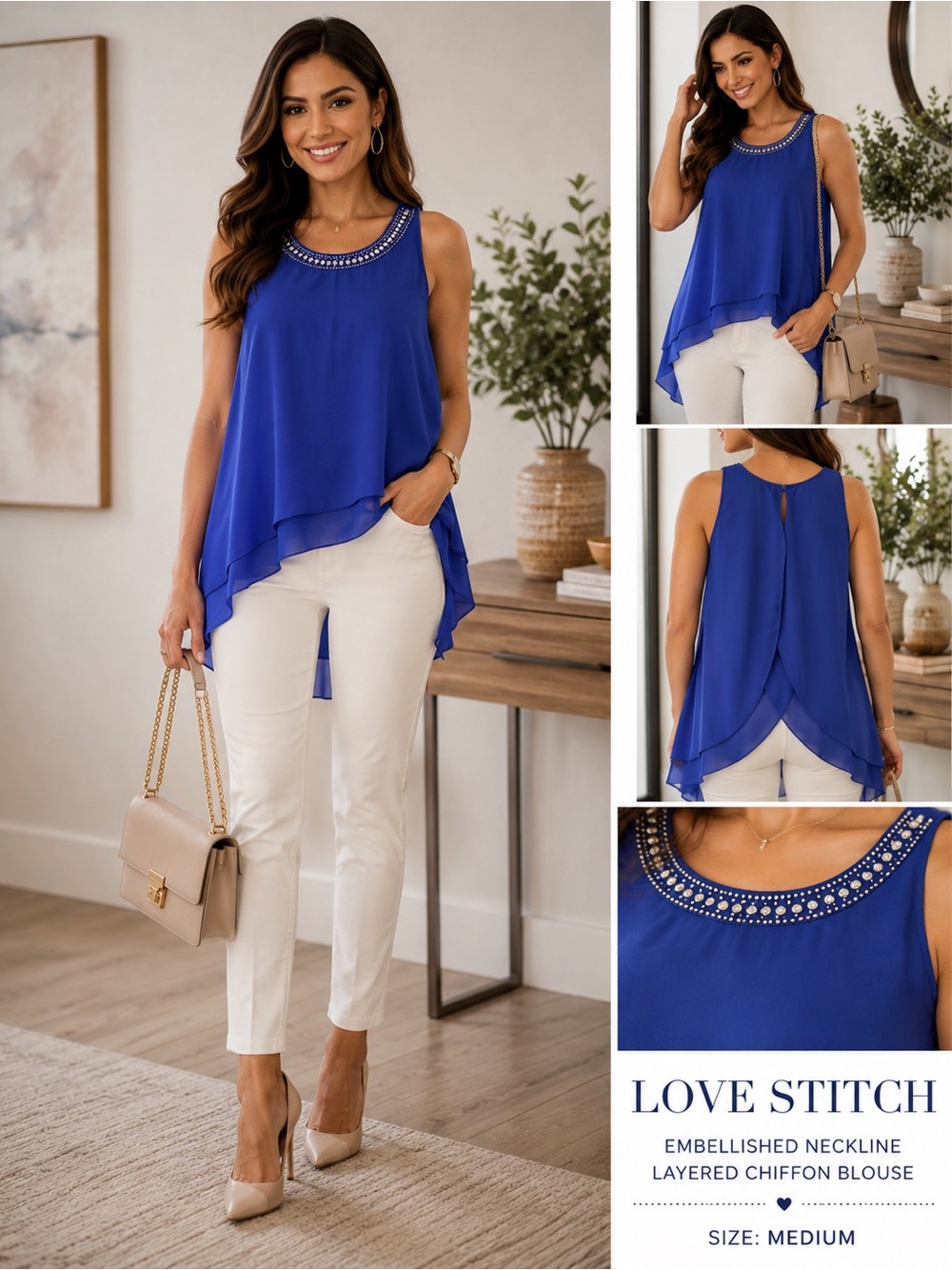 Love Stitch Royal Blue Embellished Layered Chiffon Blouse